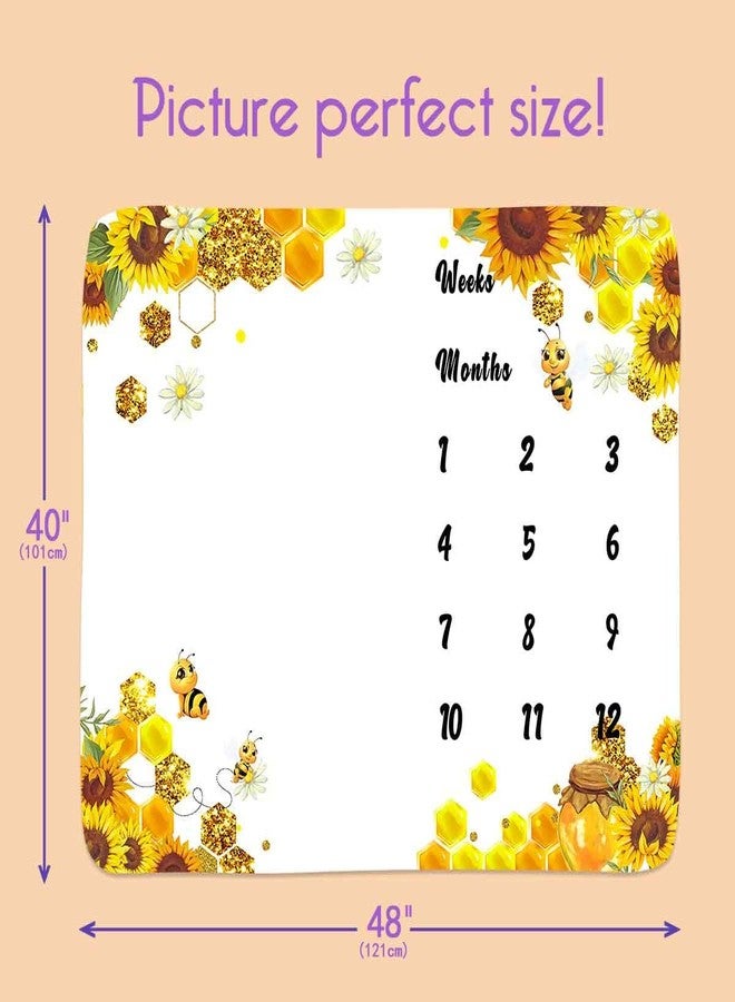 PHMOJEN Baby Monthly Milestone Blanket| Sunflower Bee Honeycomb Golden Honey Pot | Newborns 1 to 12 Months Unisex Include 4 Frames and 1 Headband 48"x40" BTQQPH118 - Image 3
